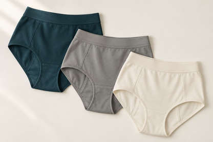 Design illustration: Stillmorrow briefs in deep teal, stone and ivory